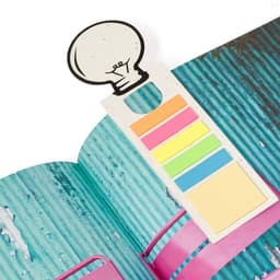 A bookmark with a lightbulb design and several coloured sticky notes in pink, orange, green, and yellow.