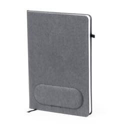 A grey notebook with a textured cover, featuring a curved pocket design and a black elastic band.
