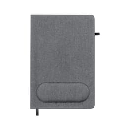 A grey notebook with a textured cover, featuring a mouse pad attachment and a ribbon bookmark.