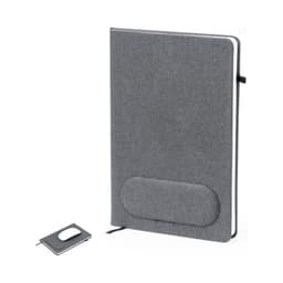 A grey notebook with a textured cover and a magnetic closure, accompanied by a small cardholder.