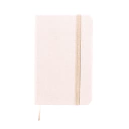 A notebook in a light beige colour with a cream elastic band closure and a ribbon marker. It has a simple design with rounded corners.