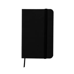 A black notebook with a flexible cover, an elastic band closure, and a ribbon bookmark. It has a logo on the front.