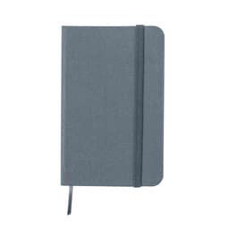A grey notebook with a textured cover, an elastic band closure, and a ribbon marker. It features a branding logo.