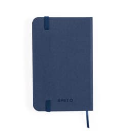 A navy blue notebook with a textured cover, featuring an elastic band and a ribbon bookmark. It has a logo on the front.