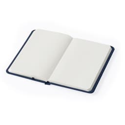 A navy notebook with a soft cover and blank pages, featuring a logo on the front.