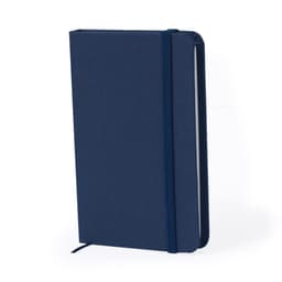 A navy blue notebook with a textured cover and an elastic band closure, featuring a logo on the front.