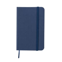 A navy blue notebook featuring a textured cover, an elastic band, and a ribbon marker. It includes a logo.