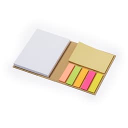 A notebook with white pages and a set of sticky notes in yellow, pink, green, and orange. It has a simple cardboard cover.