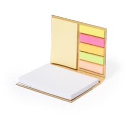 A notebook with a white pad and colourful sticky notes in yellow, green, orange, and pink. It has a branded logo.