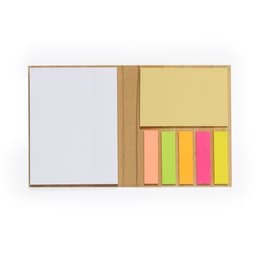 A notebook with white pages, a yellow notepad, and assorted sticky notes in pink, orange, and yellow. It has a logo.