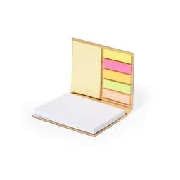A notebook with a white pad and five coloured sticky notes in yellow, pink, green, and orange. It has a simple design.