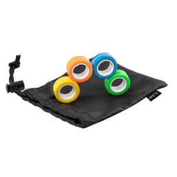 A set of four colourful rolling toy rings (orange, blue, yellow, green) in a black storage pouch.