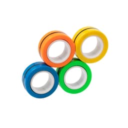 Four brightly coloured rubber rings in orange, blue, green, and yellow, stacked together with a white interior.