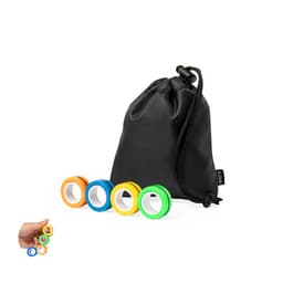 A black drawstring bag containing four colourful rings: orange, blue, green, and yellow.