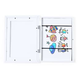 A white picture frame with a drawing of colourful stick figures and a space theme displayed inside. The frame has branding.