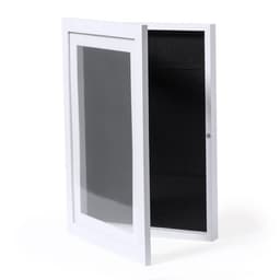 A white picture frame with a transparent front and black backing, featuring a hinged opening.