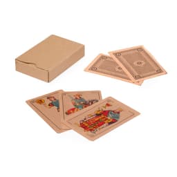 A set of playing cards in earthy tones, with a brown box for storage and several face cards displayed.