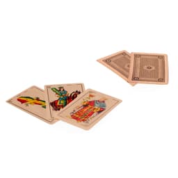 A set of playing cards featuring vibrant illustrations in assorted colours, including figures and decorative back designs.