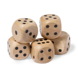 Five wooden dice stacked together, featuring black dots on a natural wood finish.