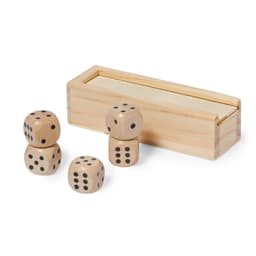A set of wooden dice in natural finish, with four dice displayed and a rectangular wooden box.