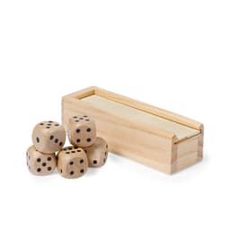 A wooden box containing five dice with black dots. The box has a smooth, natural wood finish.