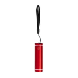 A red cylindrical torch with a black strap, featuring a logo and a sleek metallic finish.