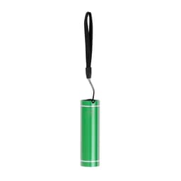 A green metal torch keyring with a black wrist strap, featuring a simple design and a logo.