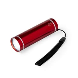 A red aluminium torch with a wrist strap, featuring a shiny finish and a circular light at one end.