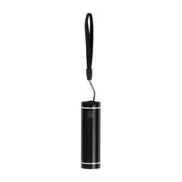 A black cylindrical torch keyring with a strap and a logo.