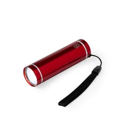 A red metal torch with a black wrist strap, designed for keyring attachment. It features a bright light at one end.
