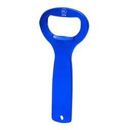A drink bottle opener in bright blue with a sturdy handle, featuring a logo on the surface.