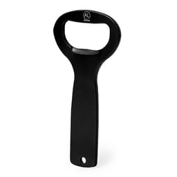 A drink bottle opener in sleek black with a rounded grip and a logo on the handle.