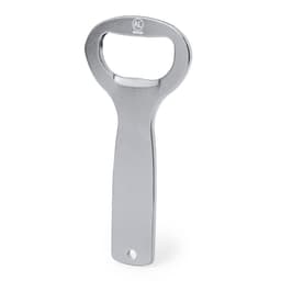 A drink bottle opener with a sleek, shiny chrome finish, featuring a logo on the handle.