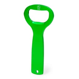 A green bottle opener with a large handle and a wide mouth for easy opening. It features a logo on the handle.