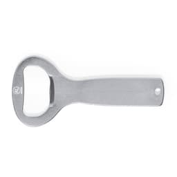 A bottle opener in shiny silver metal, featuring a classic design and a hole for keyring attachment.