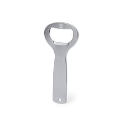 A drink bottle opener in a shiny silver finish with a hole for attaching to keyrings, featuring a brand logo.
