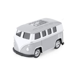 A grey and white toy van with wheels and a detailed front design, featuring a logo on the side.