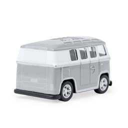 A grey and white toy van with four wheels and a detailed body design, featuring a logo on its side.