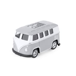 A novelty toy van in grey and white, featuring detailed wheels and windows, with a logo on the side.
