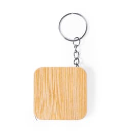 A wooden tape measure on a keyring with a silver chain, featuring a natural wood finish.