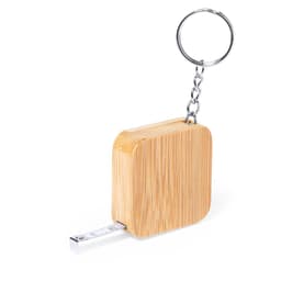 A bamboo tape measure keyring with a silver chain and a retractable measuring tape.