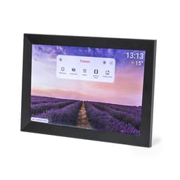 A black digital photo frame displaying a scenic lavender field with an interface at the top.