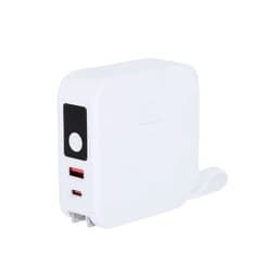 A white travel adapter with two USB ports and a retractable plug. It features a small button and a branding logo.