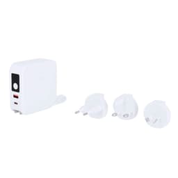 A white travel adapter with two USB ports and three interchangeable plug heads. Includes a logo.