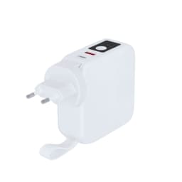 A white travel adapter featuring two prongs, a power button, and a cord for easy storage.