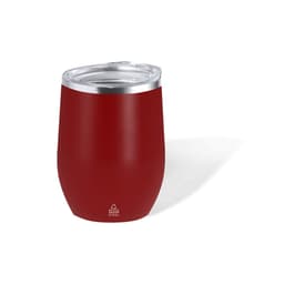 A drink bottle in a rich red colour, made from insulated stainless steel, featuring a clear lid and a logo on the base.
