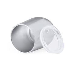 A drink bottle featuring a sleek silver insulated body and a clear, fitted lid. Brand logo visible.