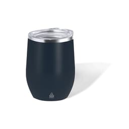 A drink bottle in navy blue with a stainless steel construction and a clear lid. It features a logo on its surface.