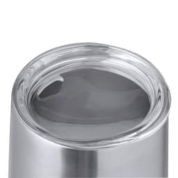 A drink bottle with a stainless steel exterior and a clear glass top, featuring a logo.