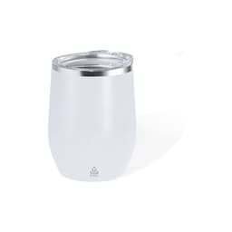 A drink bottle featuring a sleek, white insulated design with a stainless steel rim and a translucent lid.